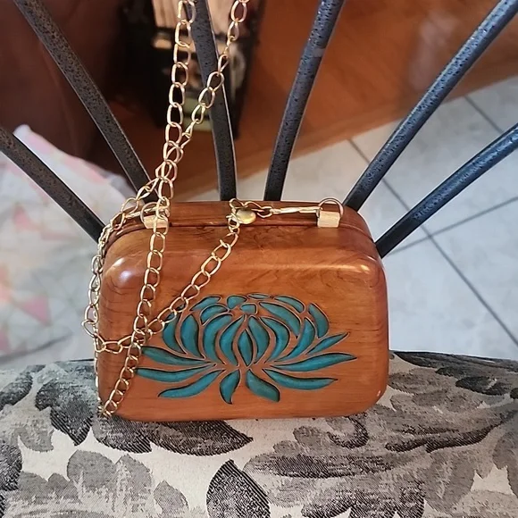 Chic Brown Wood and Blue Lotus Silk Design Clutch From Ranchana - Picture 8 of 10